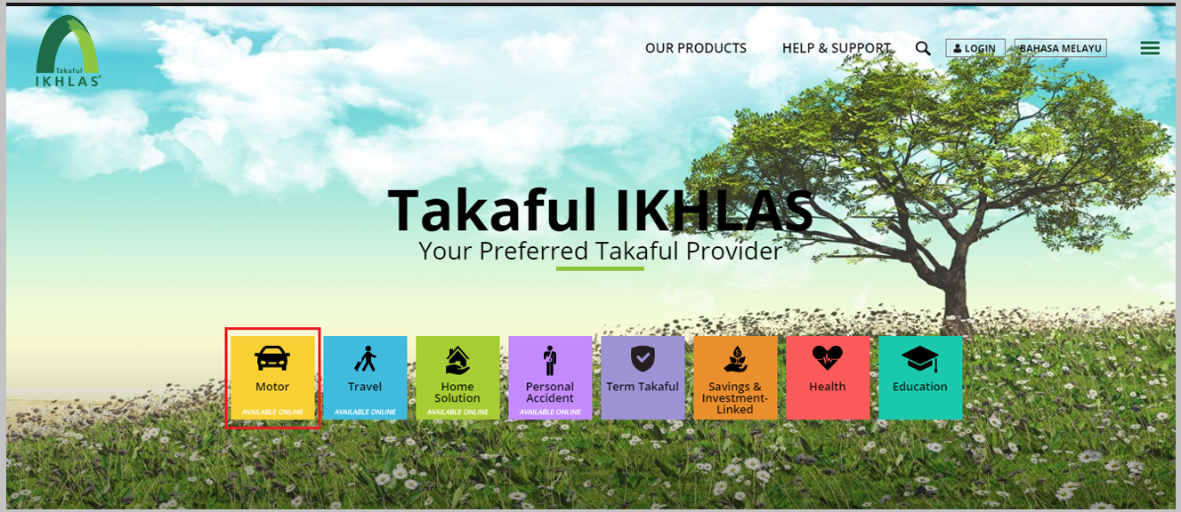 Log on to Takaful IKHLAS at https://www.takaful-ikhlas.com.my/ To renew your Motor Takaful click the <strong>Motor</strong> icon.