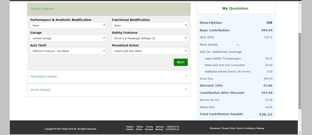 <strong>Step 2 : Apply</strong><br><br>

You have arrived at the Apply stage screen. You are directed to this page because you have obtained  the quotation for your vehicle renewal. <br>

In Vehicle Features screen, complete all required information and click <strong>Next</strong>. <br>
<em>*you will not be able to move to the next screen if there are any incomplete fields.</em>