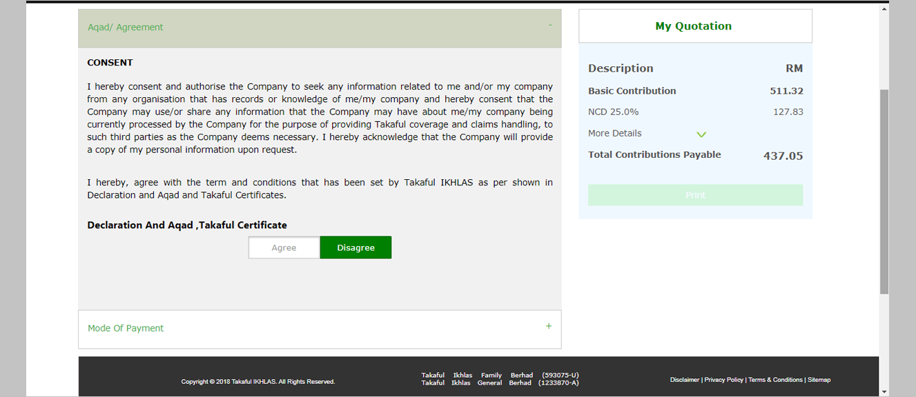 <strong>Step 3 : Payment</strong><br><br>
Now you have reached the Payment stage of the renewal process. You have completed the application and are ready to make the payment for your Motor Takaful Renewal.<br><br> 
You are required to read the terms and conditions on the Aqad / Agreement screen before you proceed further.
