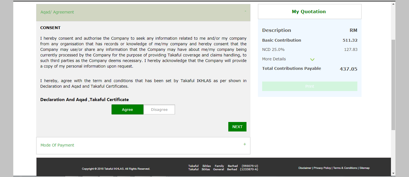 On the Aqad/Agreement screen, click the button <strong>Agree</strong>.  A “Next” button will appear for you to proceed with the transaction.