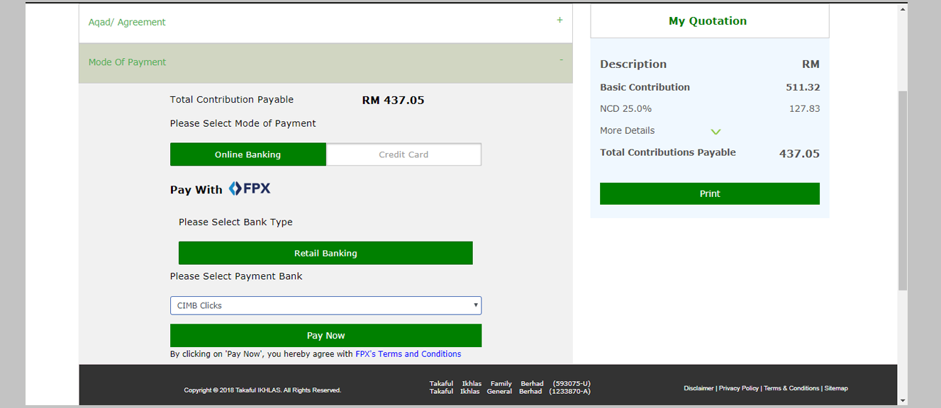 <strong>3.1 : Payment using Online Banking</strong><br><br>

Choose Online Banking and select the Payment Bank option. Click <strong>‘Pay Now’</strong> to proceed.
