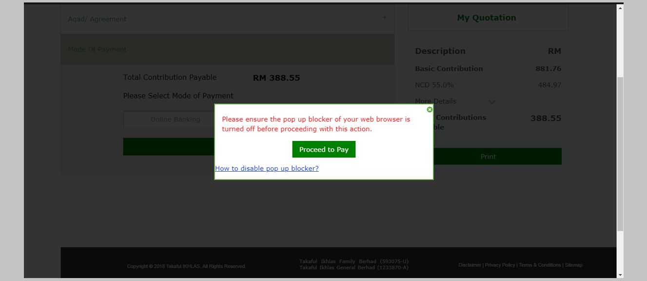 You will see a display message to ensure your pop-up blocker is disabled. Click <strong>‘Proceed to Pay’</strong> after disabling the pop up blocker on your browser.