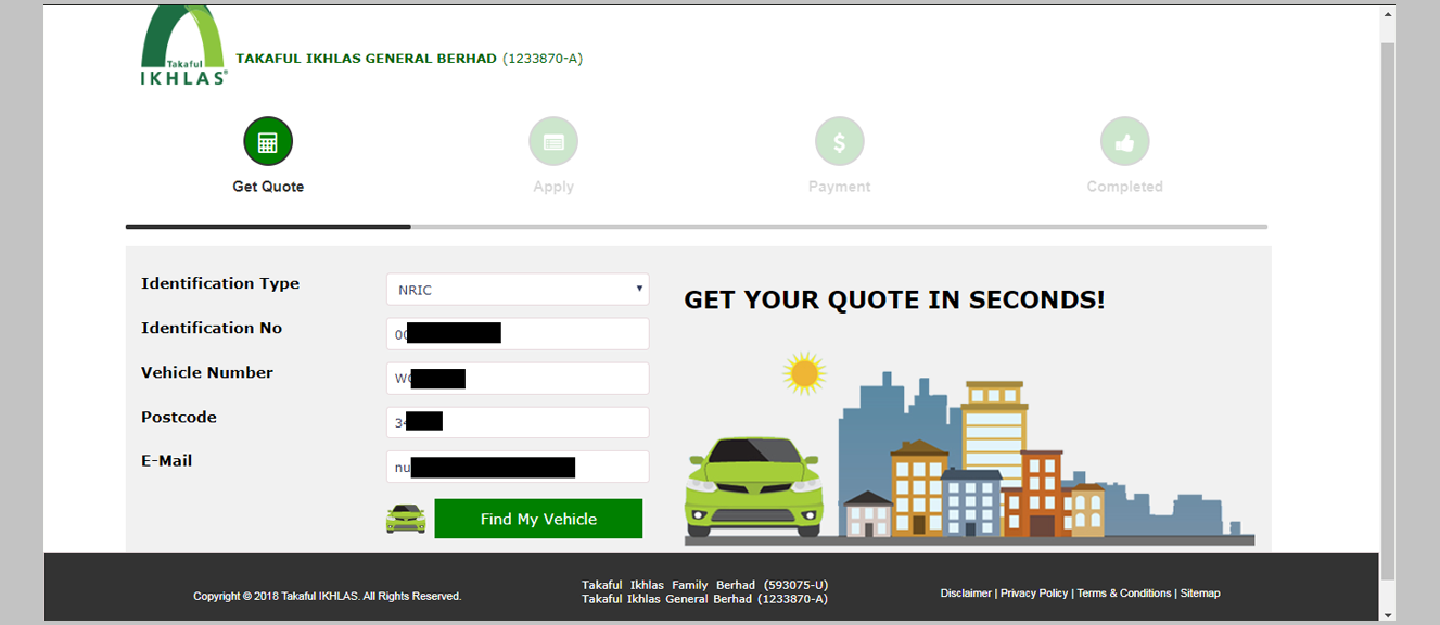<strong>Step 1 - Get Quote</strong><br><br>
Complete all required information and click on <strong>Find My Vehicle</strong>.
