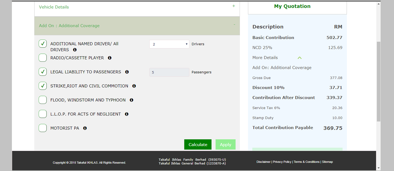 Click <strong>Calculate</strong> for each time you have made any changes to get the latest price displayed on the right column.